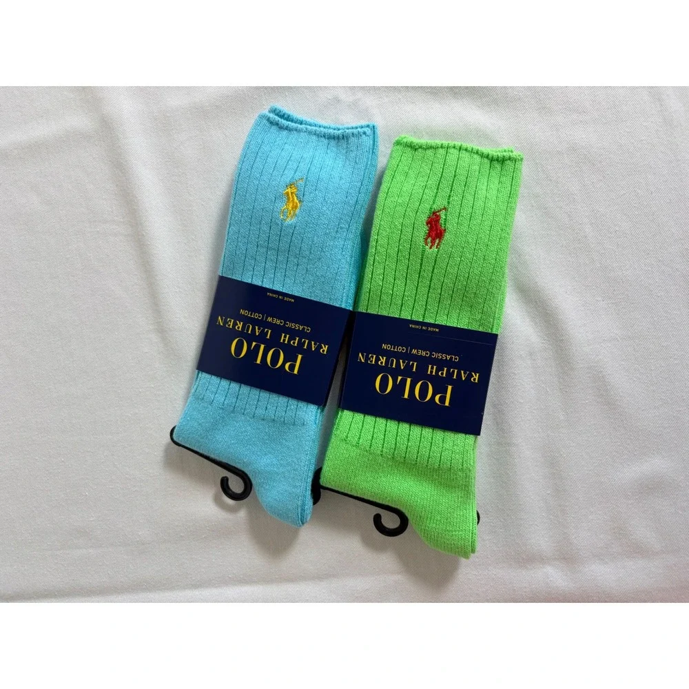 Polo Ralph Lauren Crew Socks 10-13 Blue Green NEW Ribbed Cotton Pony Logo 2 pair